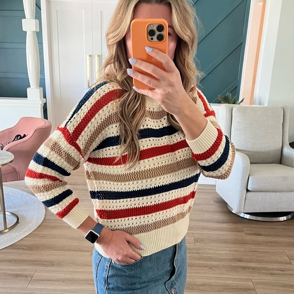 Striped Crochet Knit Sweater Coastal Grandma Preppy Size - Picture 3 of 4